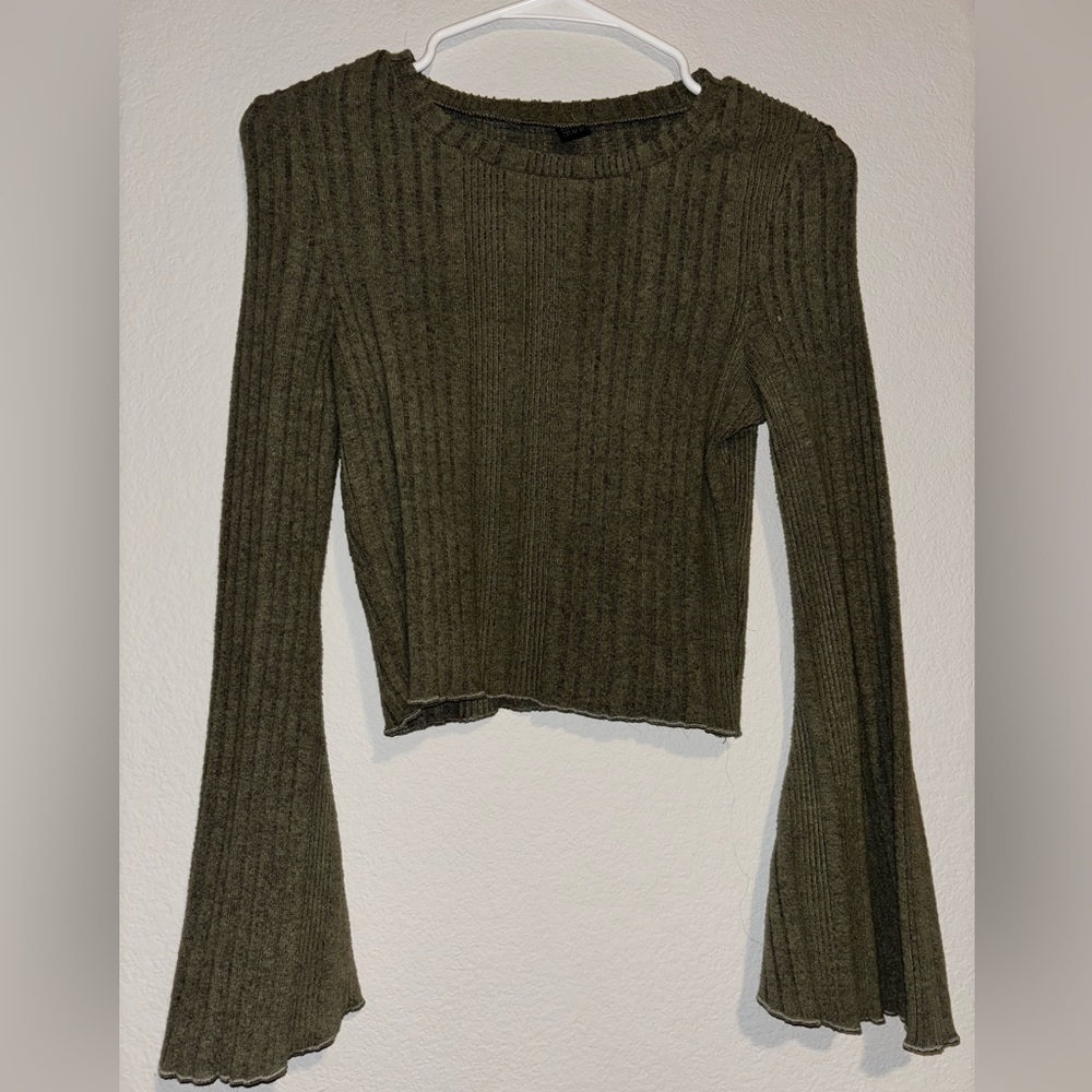 olive green flared long sleeve shirt